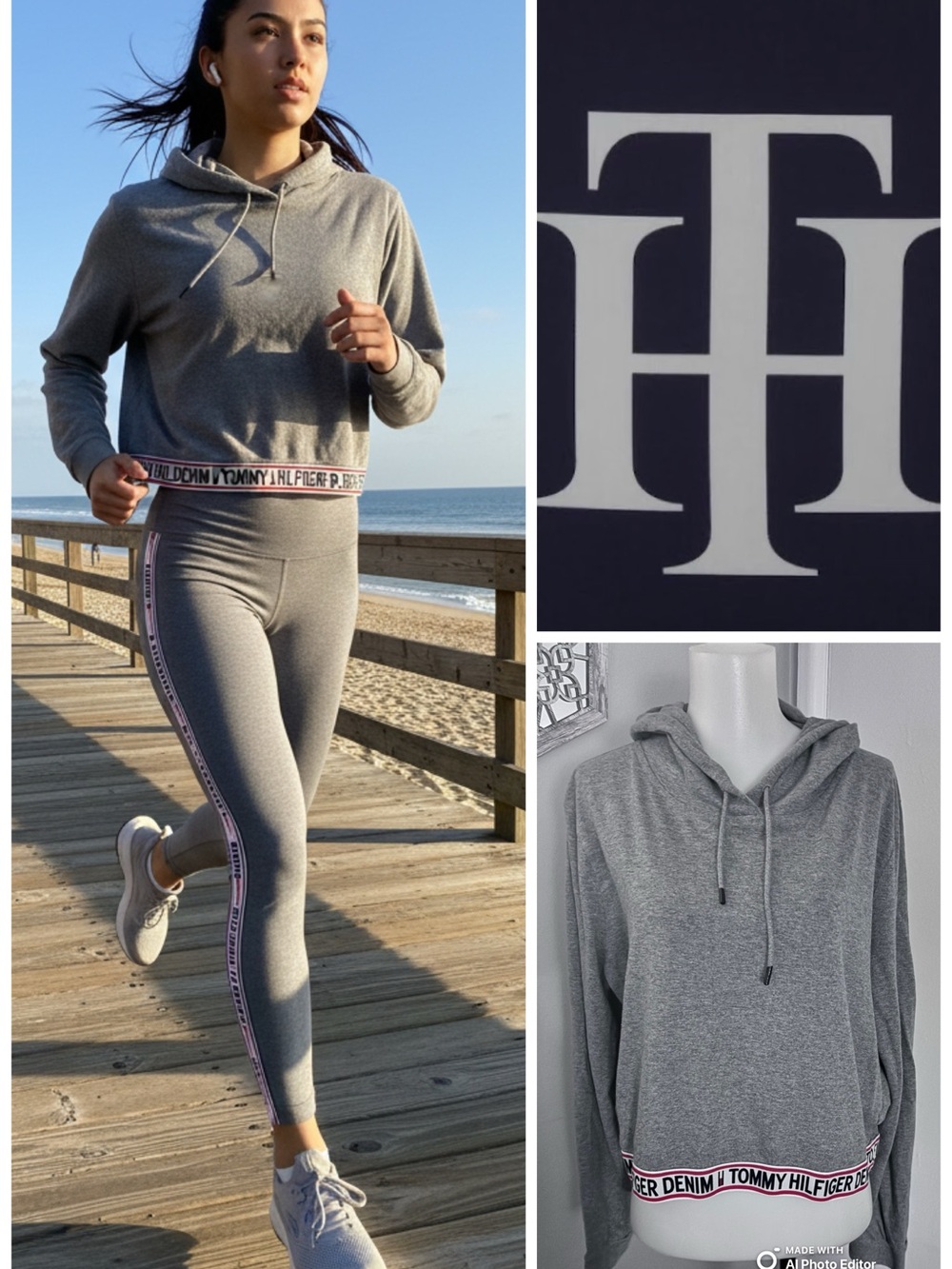 Tommy Hilfiger Denim Cropped Logo Hoodie - Heather Gray - Size Large (EUC)